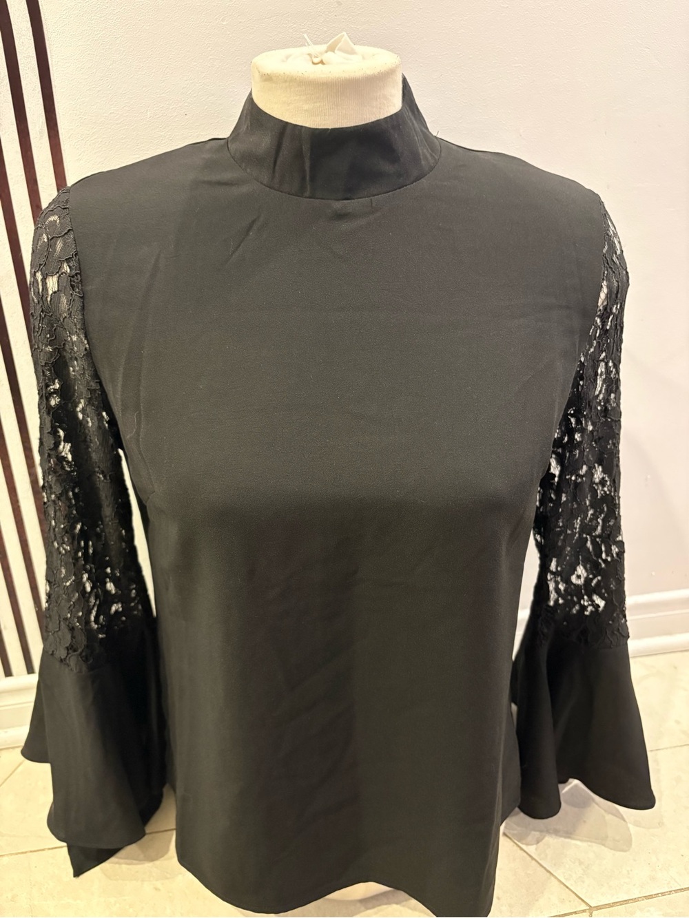 Black Mock Neck Top with Lace Bell Sleeves